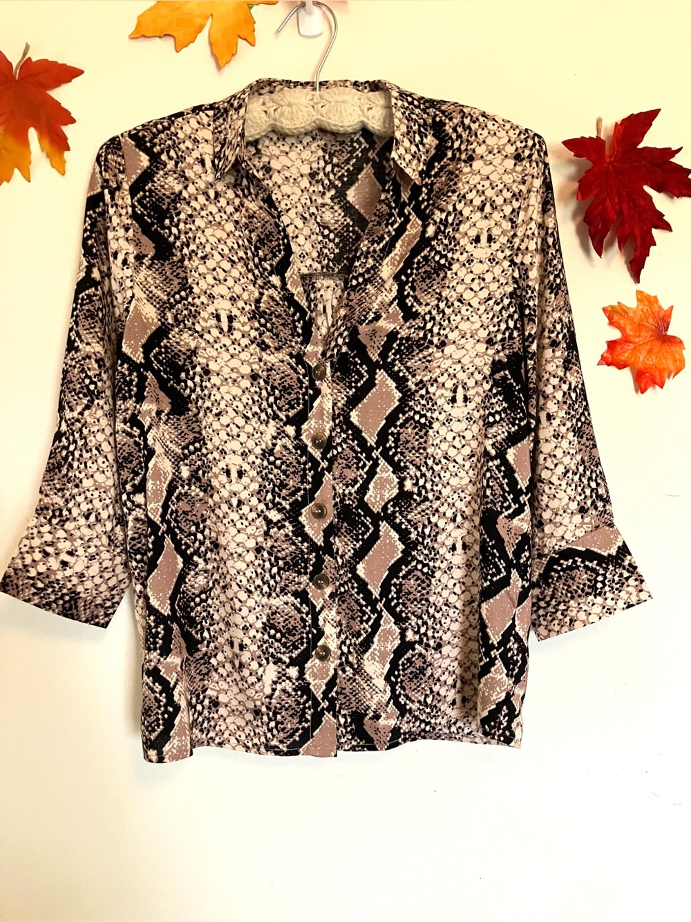 Fashion Nova Snake Print Button-Down Top in Beige and Black